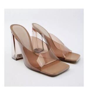 ZARA 11.5 Vinyl Sandals Slip On $128 LUCITE Clear Block Heels Square Toes Brown